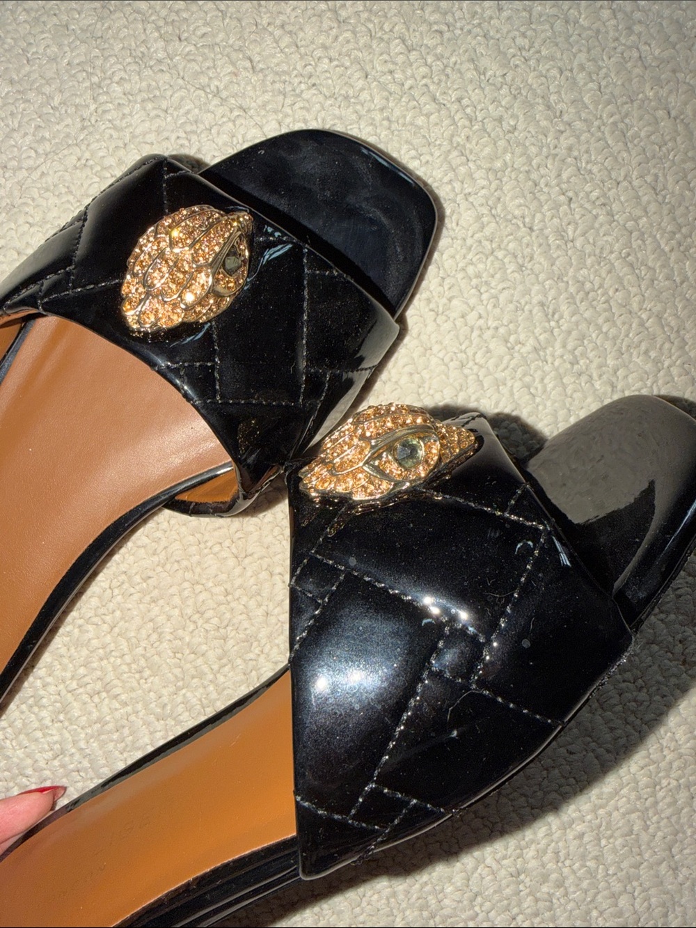 Kurt Geiger Black Patent Quilted Slide Sandals with Gold Medallions - Picture 2 of 5